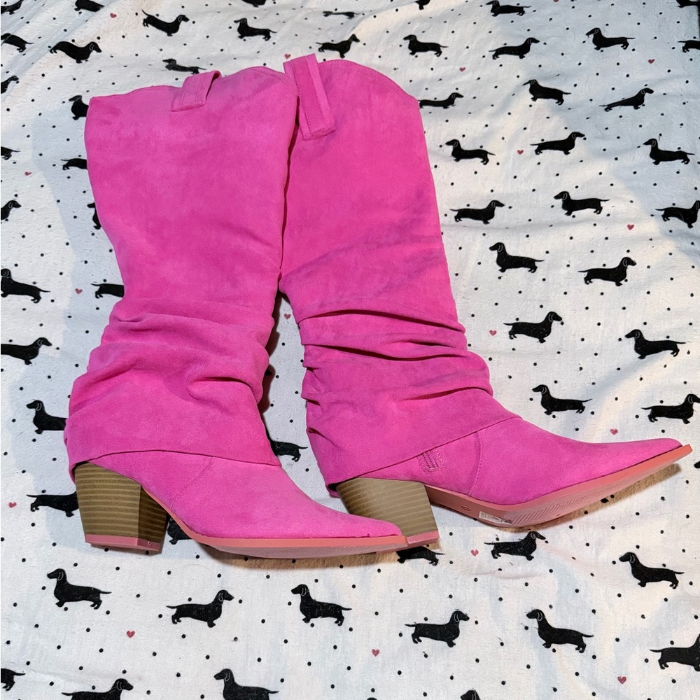 Pink Suede Slouchy Mid-Calf Boots - Women's Fashion Boots